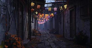A CG 3D depiction of a gloomy, shadow-filled alleyway, eye-level perspective, spooky Day of the Dead, dark atmosphere, black space looming behind crumbling walls, capturing Halloween photo
