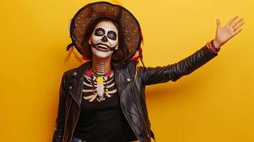 Tilted angle view, joyous woman, adorned in a skeleton costume and quirky witch hat, striking and detailed skull makeup, engaging in a humorous dance, set against a bright yellow background photo