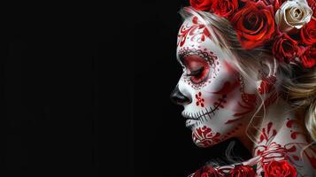 Blond models side profile featuring elaborate Sugar Skull makeup with vivid red roses photo