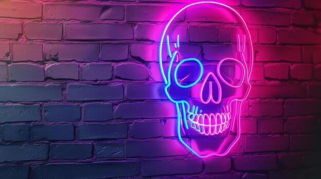 Tilted view of a Dia de Muertos skull in neon, stark contrast on an urban wall, subtle shadow and glow effects, modern frame, clean copy space, sleek digital illustration photo