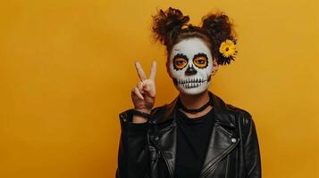 Frontal view of female with white clay skull makeup photo