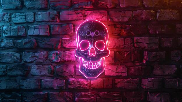 Tilted angle view of a neon Dia de Muertos skull sign, glowing vividly against a textured brick wall, minimalist frame, ample copy space, photorealistic digital art photo