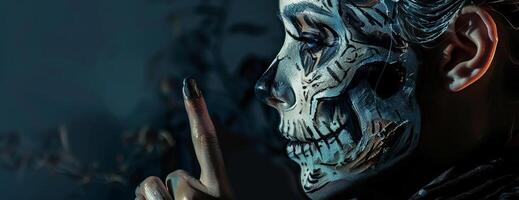 Side view of a woman with intricate skull makeup, finger raised to lips in a shh gesture, dark and eerie background, photorealistic detail, Halloween-themed photo