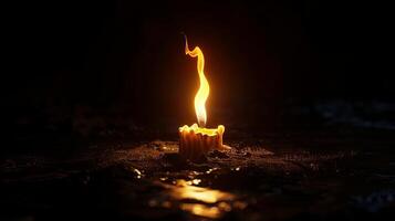 Low-angle view of a single burning candle, contrasted by a deep black background, plenty of copy space, digital CG 3D rendering, capturing intricate flame details photo
