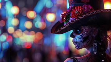 Tophat-adorned sugar skull girl, seen from the back, photorealistic rendering, blur background for depth, clear copyspace, detailed and vibrant, high resolution photo