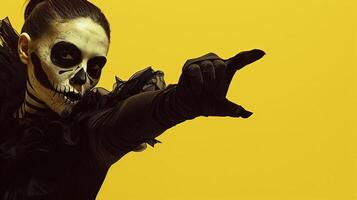 Eye-level shot of a woman with white clay skull makeup, spooky and haunting, dressed in black, extending her arm to point, blank space, yellow background, finely crafted in CG 3D photo
