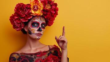 Eye-level angle of a woman with intricate sugar skull makeup photo