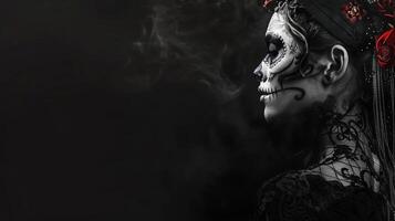 Panoramic scene of a woman adorned in intricate skull makeup, against a black backdrop, with generous copy space, hyper-realistic digital art photo