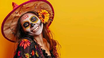Tilted angle view, joyous woman, adorned in a skeleton costume and quirky witch hat, striking and detailed skull makeup, engaging in a humorous dance, set against a bright yellow background photo