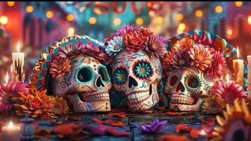 Long shot, vintage Day of the Dead parade, colorful sugar skulls, detailed face paint, photorealistic style, joyful crowd, seamless pattern with flowers and candles in the background photo