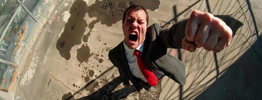 A man in a suit is standing on a rooftop, looking down at the city below photo