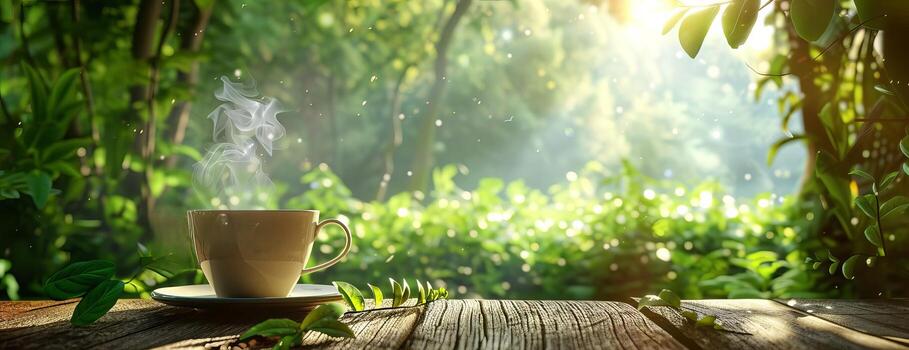 Wide-angle view of a steaming cup of fresh green tea on a rustic wooden table, lush green garden in the background, soft morning sunlight filtering through, photorealistic, high detail photo