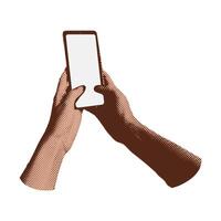 Collage with halftone style two hands holding smartphone Minimalist metaphor concept mobile applications, online sales, social media messaging. Cutouts magazine element. illustration vector