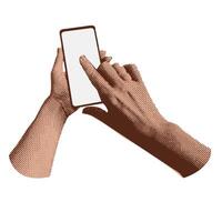 Retro halftone collage with Gesture of two hands with a phone isolated on a white background. Scrolling, social media, trendy retro illustration vector