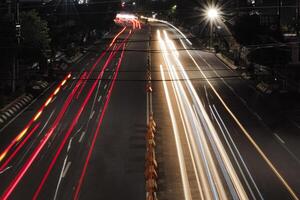 a long exposure shot of a busy city street at night. The headlights and taillights of cars create streaks of light, creating a sense of movement and energy. photo