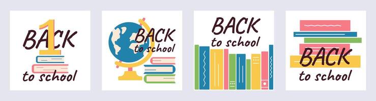 Set of Square Banners Back to School with textbooks. Gold unit, Globe and stack of Books. Bookshelf with encyclopedias and dictionaries. School starts on September 1st. Text. illustration vector