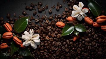 Coffee beans and coffee tree blossom isolated on background. photo
