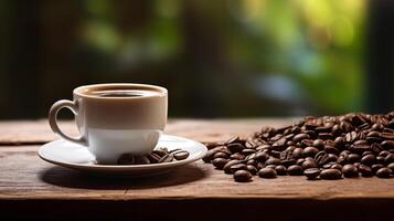 Espresso cup with beans on wooden table background, Natural light day. photo