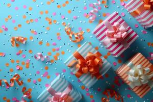 Thoughtfully wrapped presents surrounded by a cascade of colorful confetti create a joyful scene photo