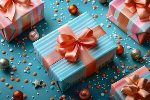Assortment of presents wrapped in patterned paper tied with ribbons for celebration photo