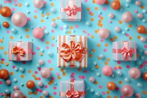 Presentation of various gift options wrapped in festive paper and tied with ribbons photo