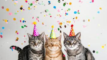Three adorable cats in birthday party hats photo