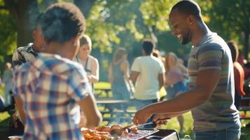Diverse group of people enjoying sunny day in park photo
