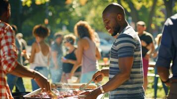 Diverse community enjoying sunny day in the park photo