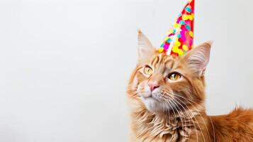 Funny red cat wearing a colorful party hat photo