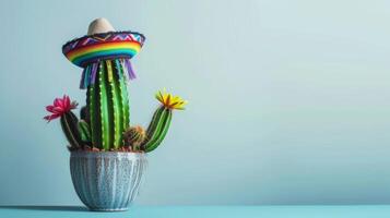 Colorful cactus with flowers in Mexican sombrero photo