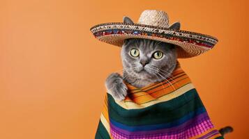 Cute grey cat dressed in colorful Mexican poncho photo
