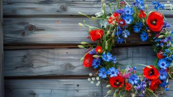 Memorial day banner with wreath with red poppies photo