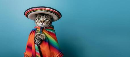 Funny grey cat dressed in Mexican sombrero photo