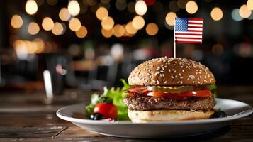 Fresh burger garnished with salad and US flag photo