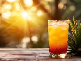 Tequila Sunrise cocktail with ice and sunset photo