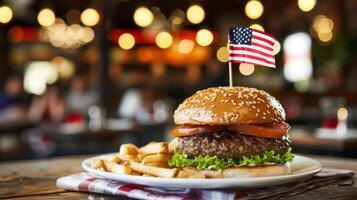 Juicy burger garnished with American flag photo