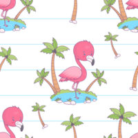 Seamless pattern with flamingo on island with palm trees png