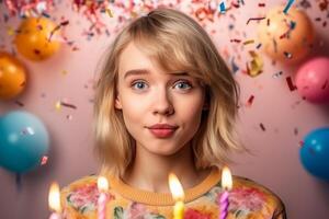beautiful girl prepare blowing candles on her cake. Serpentine and balloons on background. photo