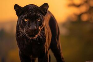 Black panther on field and staring. Sunset. photo