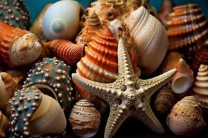 Sea shells and sea star as background. Mix photo