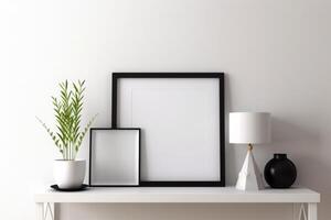The stylish interior with mock up photo frames. The minimalism concept of space. Lamp, vase and plant. Frames and borders.