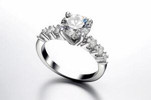Big Diamond Ring Isolated on White Background. Large Diamond Engagement Ring. photo