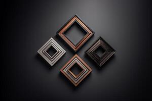 Assortment of square geometric four frames isolated on black background. Brown, silver and black colors. photo