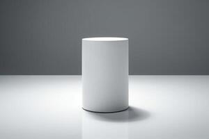 Empty white circle podium mockup with shadow effect, empty round pedestal for display, white ellipse cylinder podium for product presentation isolated on white background. photo