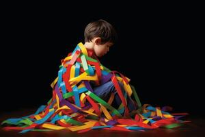 child with puzzle ribbon on dark background. boy with symbol of the fight, concept of helping those in need. World Autism Awareness day. photo