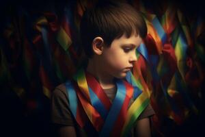child with puzzle ribbon on dark background. boy with symbol of the fight, concept of helping those in need. World Autism Awareness day. photo