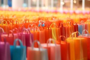 Shopping Bags with Corded Handles in Multicolored. Pattern for Banners. Red, orange, blue and violet colors. photo