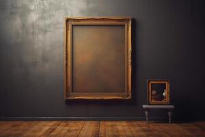 Old big brown frame in interior and small brown frame on chair. photo