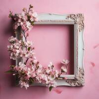 Old frame with pink flowers. Empty space. White gray frame on wall. photo