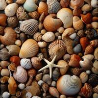 Sea shells and sea star as background. Mix. photo